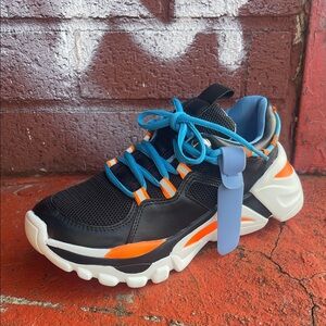 Black and Orange Sneakers with Blue Laces